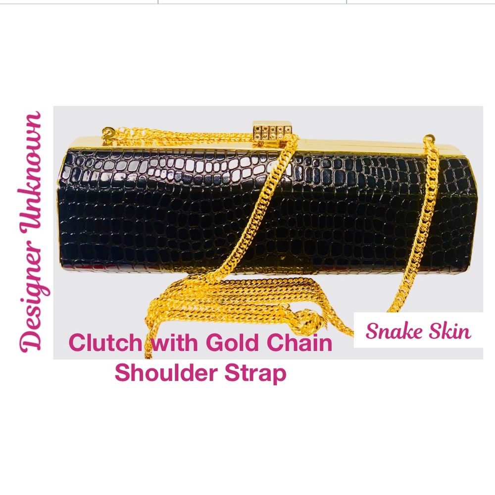 Only Worn Once Black Faux Snake skin Evening Clutch & Gold Chain Shoulder Strap